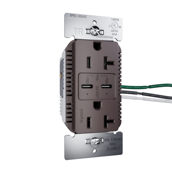 Pass and Seymour 65W Power Delivery USB Outlet Type C Tamper-Resistant Duplex 20A Brown (TR20USBPD65)
