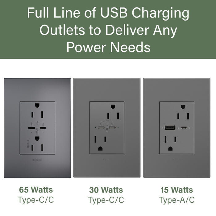 Pass and Seymour Adorne 65W USB Outlet Plus-Size Type C 15A Tamper-Resistant Magnesium (ARTRUSB15PD65M4)