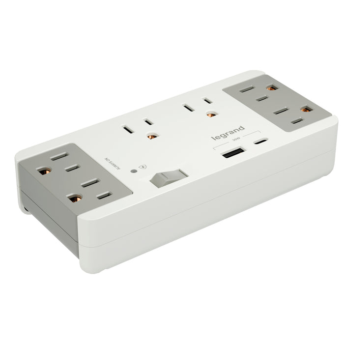 Pass and Seymour 6 Outlet Enclosure Surge Protector With One USB-A and One USB-C Gray/White (AC1062)
