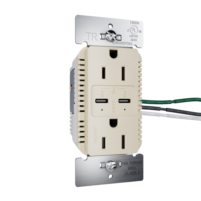 Pass and Seymour Radiant 65W Power Delivery USB Outlet Tamper-Resistant Duplex 15A Ivory (R26USBPD65I)