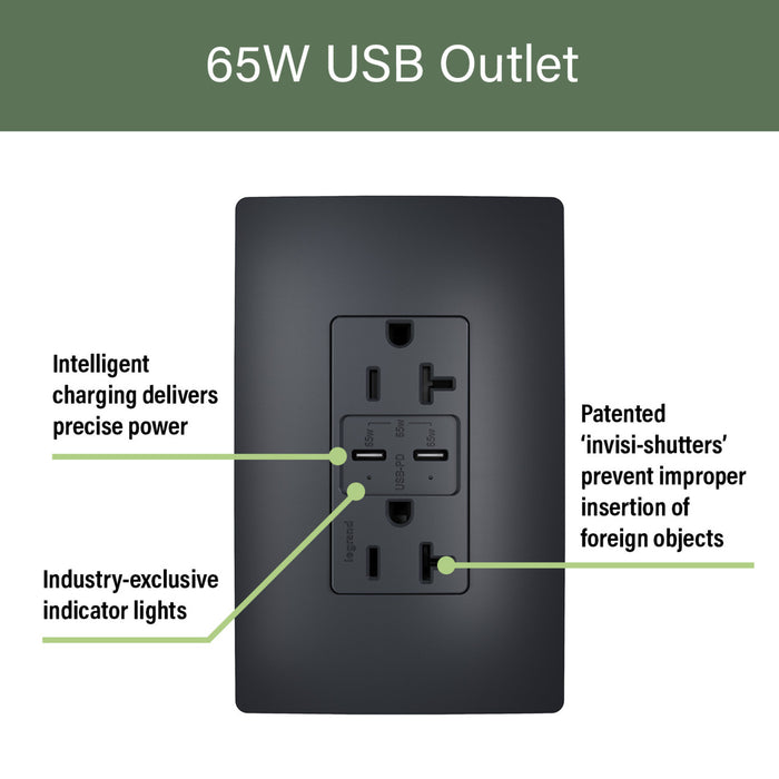 Pass and Seymour 65W Power Delivery USB Outlet Type C Tamper-Resistant Duplex 20A Graphite (TR20USBPD65G)