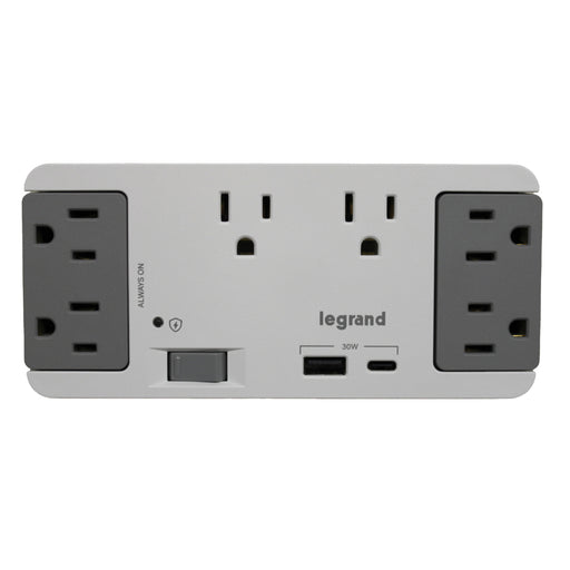 Pass and Seymour 6 Outlet Enclosure Surge Protector With One USB-A and One USB-C Gray/White (AC1062)