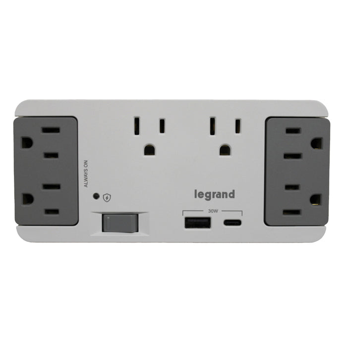Pass and Seymour 6 Outlet Enclosure Surge Protector With One USB-A and One USB-C Gray/White (AC1062)