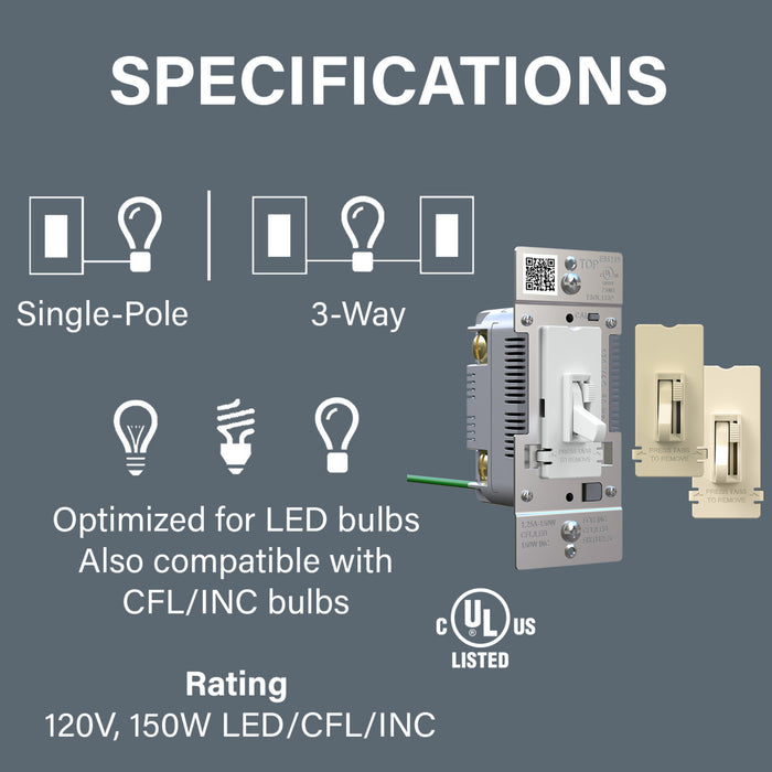 Pass and Seymour Trademaster Toggle Slide LED Dimmer 150W Single Pole 3-Way Tri-Color (TSDL153PTC)