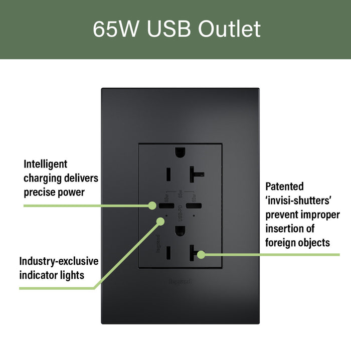 Pass and Seymour Adorne 65W USB Outlet Plus-Size Type C 20A Tamper-Resistant Graphite (ARTRUSB20PD65G4)