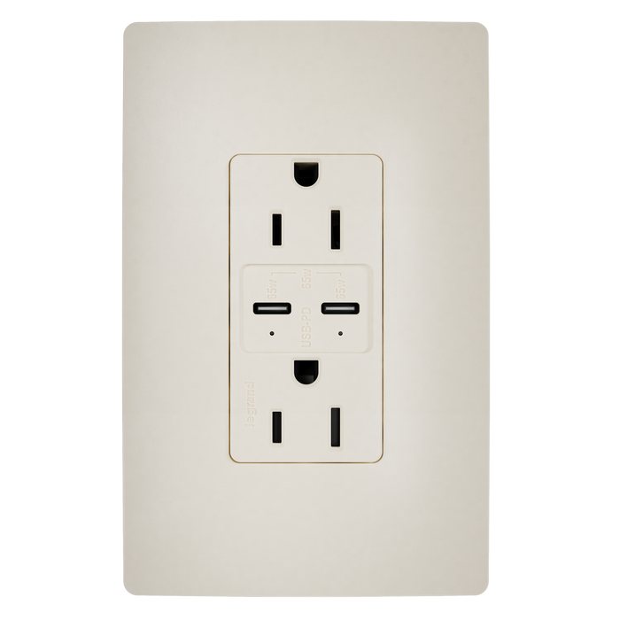 Pass and Seymour Radiant 65W Power Delivery USB Outlet Tamper-Resistant Duplex 15A Light Almond (R26USBPD65LA)