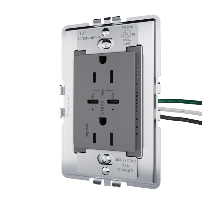 Pass and Seymour Adorne 65W USB Outlet Plus-Size Type C 15A Tamper-Resistant Magnesium (ARTRUSB15PD65M4)