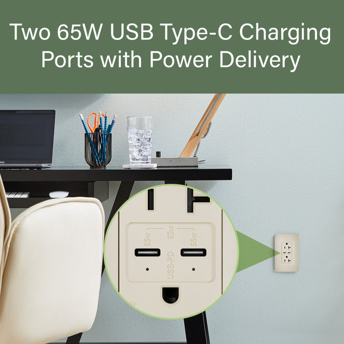 Pass and Seymour 65W Power Delivery USB Outlet Type C Tamper-Resistant Duplex 20A Ivory (TR20USBPD65I)