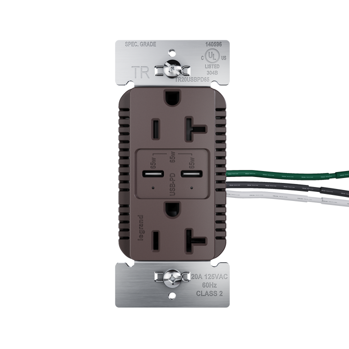 Pass and Seymour 65W Power Delivery USB Outlet Type C Tamper-Resistant Duplex 20A Brown (TR20USBPD65)