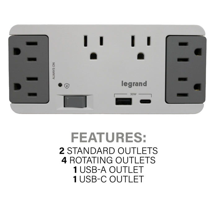 Pass and Seymour 6 Outlet Enclosure Surge Protector With One USB-A and One USB-C Gray/White (AC1062)