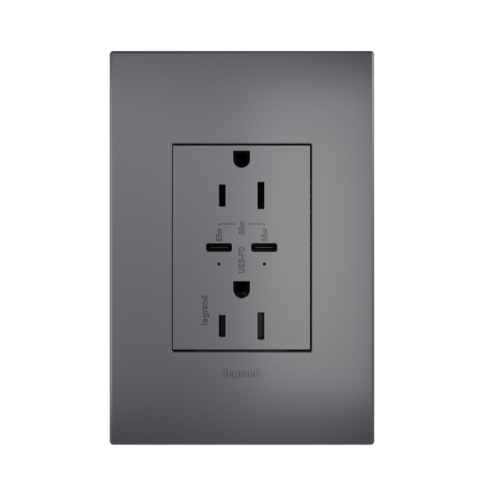 Pass and Seymour Adorne 65W USB Outlet Plus-Size Type C 15A Tamper-Resistant Magnesium (ARTRUSB15PD65M4)