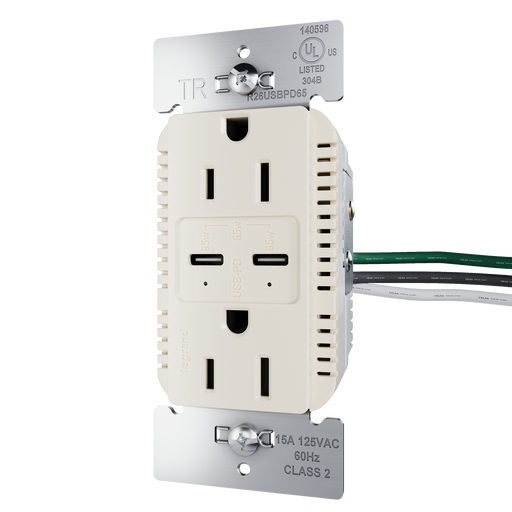 Pass and Seymour Radiant 65W Power Delivery USB Outlet Tamper-Resistant Duplex 15A Light Almond (R26USBPD65LA)