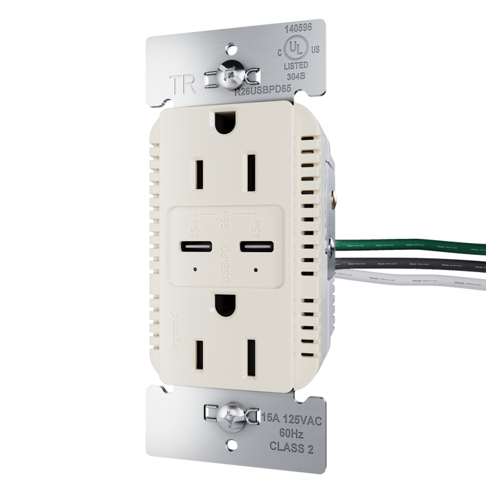 Pass and Seymour Radiant 65W Power Delivery USB Outlet Tamper-Resistant Duplex 15A Light Almond (R26USBPD65LA)