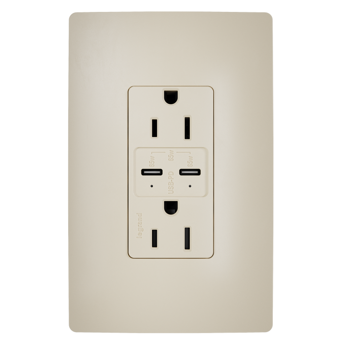 Pass and Seymour Radiant 65W Power Delivery USB Outlet Tamper-Resistant Duplex 15A Ivory (R26USBPD65I)