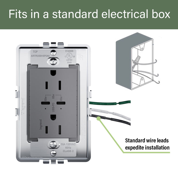 Pass and Seymour Adorne 65W USB Outlet Plus-Size Type C 15A Tamper-Resistant Magnesium (ARTRUSB15PD65M4)