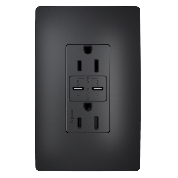 Pass and Seymour Radiant 65W Power Delivery USB Outlet Tamper-Resistant Duplex 15A Black (R26USBPD65BK)