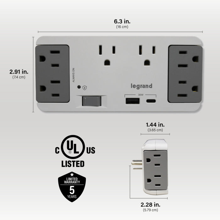 Pass and Seymour 6 Outlet Enclosure Surge Protector With One USB-A and One USB-C Gray/White (AC1062)