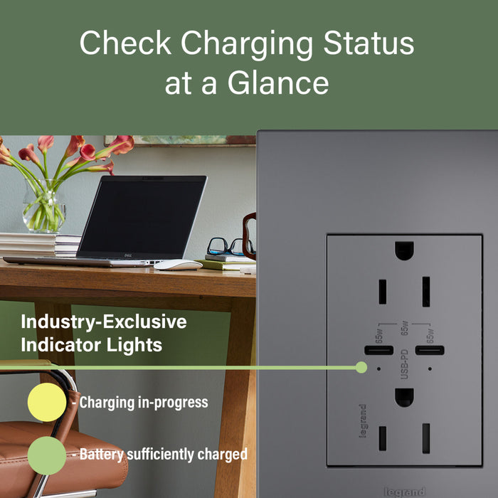 Pass and Seymour Adorne 65W USB Outlet Plus-Size Type C 15A Tamper-Resistant Magnesium (ARTRUSB15PD65M4)