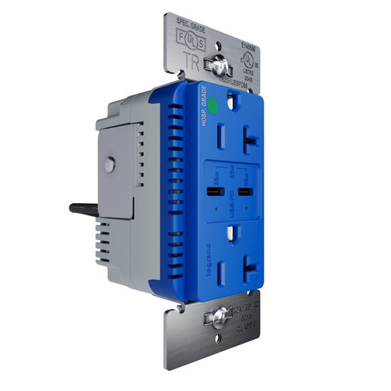 Pass and Seymour 65W Hospital Grade USB Outlet Type C 20A Tamper-Resistant Blue (TR20HUSBPD65BL)