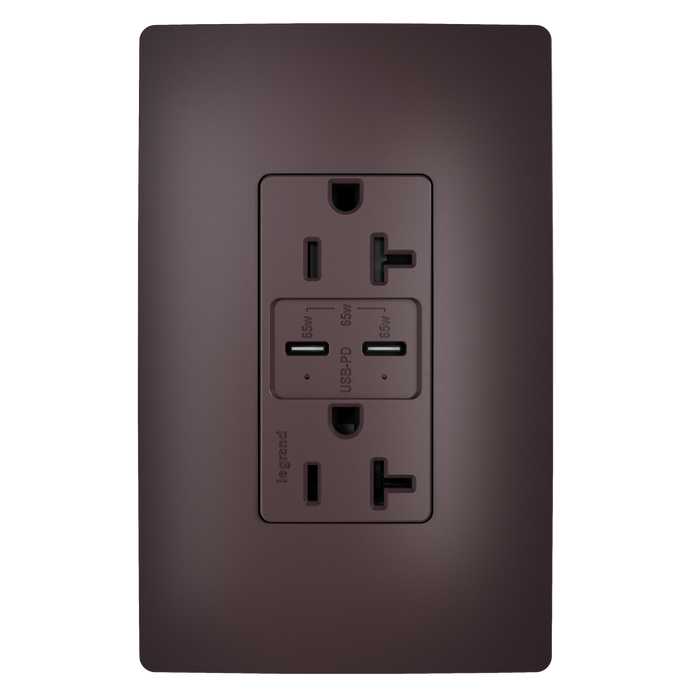 Pass and Seymour 65W Power Delivery USB Outlet Type C Tamper-Resistant Duplex 20A Dark Bronze (TR20USBPD65DB)