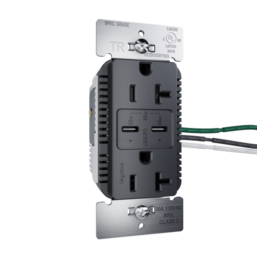 Pass and Seymour 65W Power Delivery USB Outlet Type C Tamper-Resistant Duplex 20A Graphite (TR20USBPD65G)