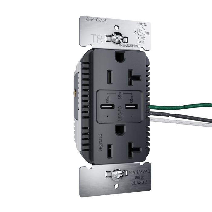 Pass and Seymour 65W Power Delivery USB Outlet Type C Tamper-Resistant Duplex 20A Graphite (TR20USBPD65G)