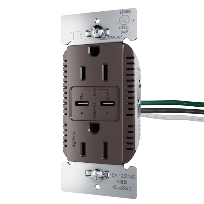Pass and Seymour Radiant 65W Power Delivery USB Outlet Tamper-Resistant Duplex 15A Brown (R26USBPD65)