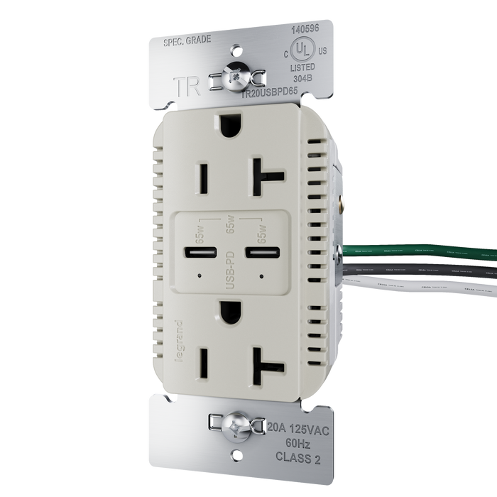 Pass and Seymour 65W Power Delivery USB Outlet Type C Tamper-Resistant Duplex 20A Nickel (TR20USBPD65NI)