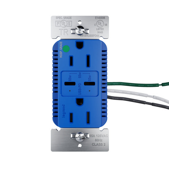 Pass and Seymour 65W Hospital Grade USB Outlet Type C 15A Tamper-Resistant Blue (TR15HUSBPD65BL)