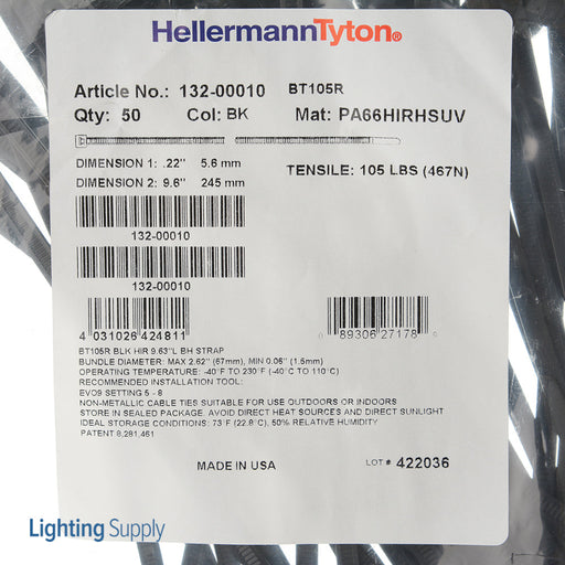HellermannTyton Button Head Cable Tie 9.6 Inch Long 2.6 Inch Maximum Bundle Diameter 105 Pounds PA66HSUV Black 50 Per Package (132-00010)