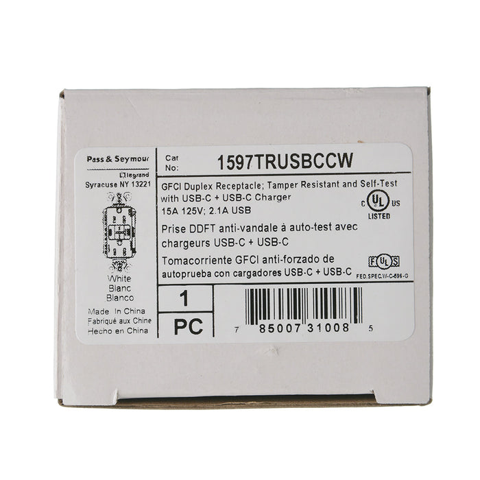 Pass And Seymour Self-Test GFCI Receptacle Tamper-Resistant 15A With USB Type CC White (1597TRUSBCCW)