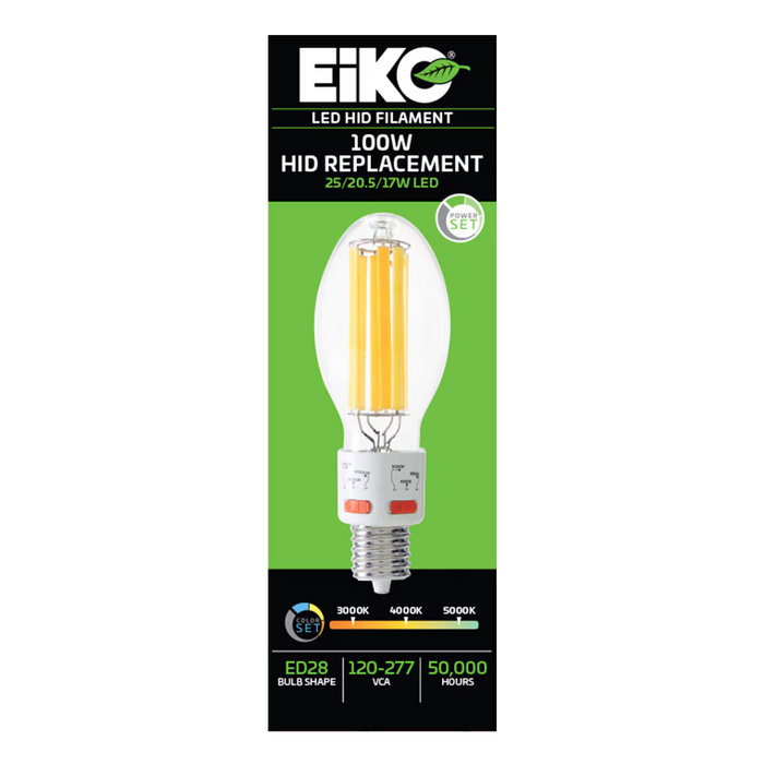 EIKO HIDF-PS25-8FCCT-U-EX39 LED HID Replacement Filament ED28 Lamp EX39 Base PowerSET/ColorSET 25W/20.5W/17W 3000K/4000K/5000K 80 CRI 120-277V Non-Dimmable (16333)