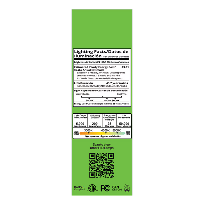 EIKO HIDF-PS25-8FCCT-U-EX39 LED HID Replacement Filament ED28 Lamp EX39 Base PowerSET/ColorSET 25W/20.5W/17W 3000K/4000K/5000K 80 CRI 120-277V Non-Dimmable (16333)