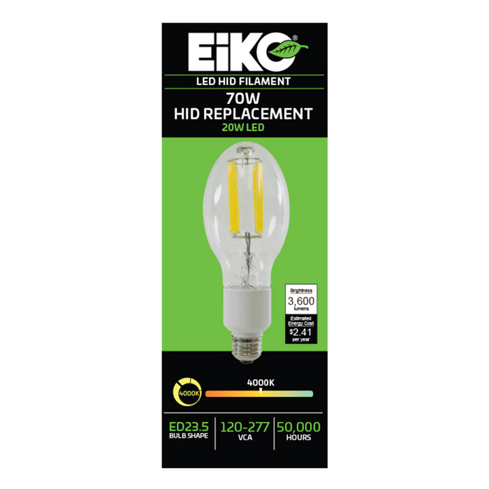 EIKO HIDF-20W-840-U-E26 LED HID Replacement Filament ED23.5 Lamp E26 Base 20W 3600Lm 4000K 80 CRI 120-277V Non-Dimmable (16334)