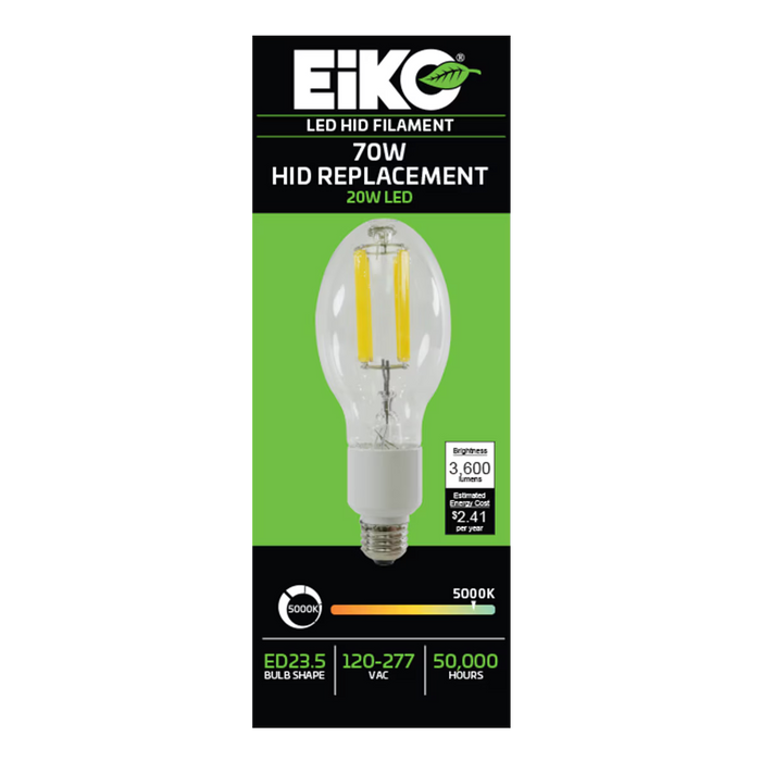 EIKO HIDF-20W-850-U-E26 LED HID Replacement Filament ED23.5 Lamp E26 Base 20W 3600Lm 5000K 80 CRI 120-277V Non-Dimmable (16335)