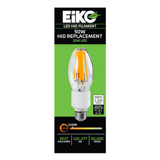 EIKO HIDF-15W-822-U-E26 LED HID Replacement Filament ED17 Lamp E26 Base 15W 2250Lm 2200K 80 CRI 120-277V Non-Dimmable (16336)