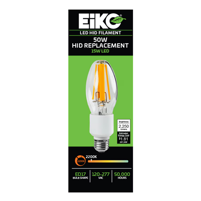 EIKO HIDF-15W-822-U-E26 LED HID Replacement Filament ED17 Lamp E26 Base 15W 2250Lm 2200K 80 CRI 120-277V Non-Dimmable (16336)