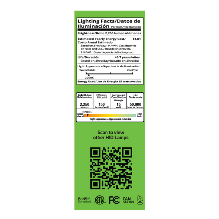 EIKO HIDF-15W-822-U-E26 LED HID Replacement Filament ED17 Lamp E26 Base 15W 2250Lm 2200K 80 CRI 120-277V Non-Dimmable (16336)