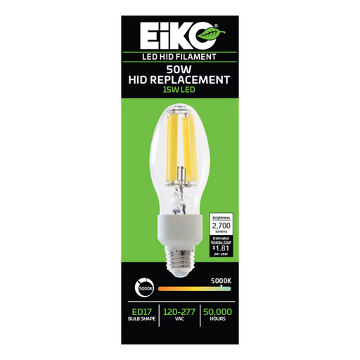 EIKO HIDF-15W-850-U-E26 LED HID Replacement Filament ED17 Lamp E26 Base 15W 2700Lm 5000K 80 CRI 120-277V Non-Dimmable (16337)