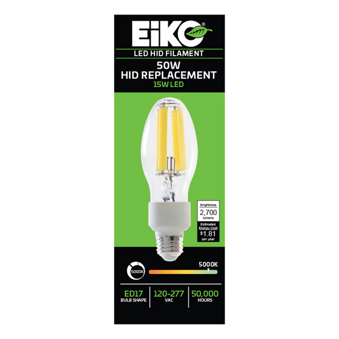 EIKO HIDF-15W-850-U-E26 LED HID Replacement Filament ED17 Lamp E26 Base 15W 2700Lm 5000K 80 CRI 120-277V Non-Dimmable (16337)
