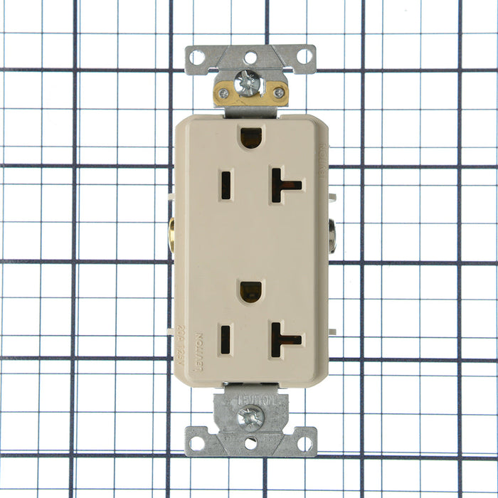 Leviton Decora Plus Duplex Receptacle Outlet Heavy-Duty Industrial Spec Grade Smooth Face 20 Amp 125V Side Wire NEMA Light Almond (16342-T)