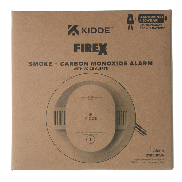 Kidde CUAC10YFEX-V FireX Smoke And Carbon Monoxide Alarm Voice Alerts Hardwired With 10-Year Never Change Backup Battery White (21033086)