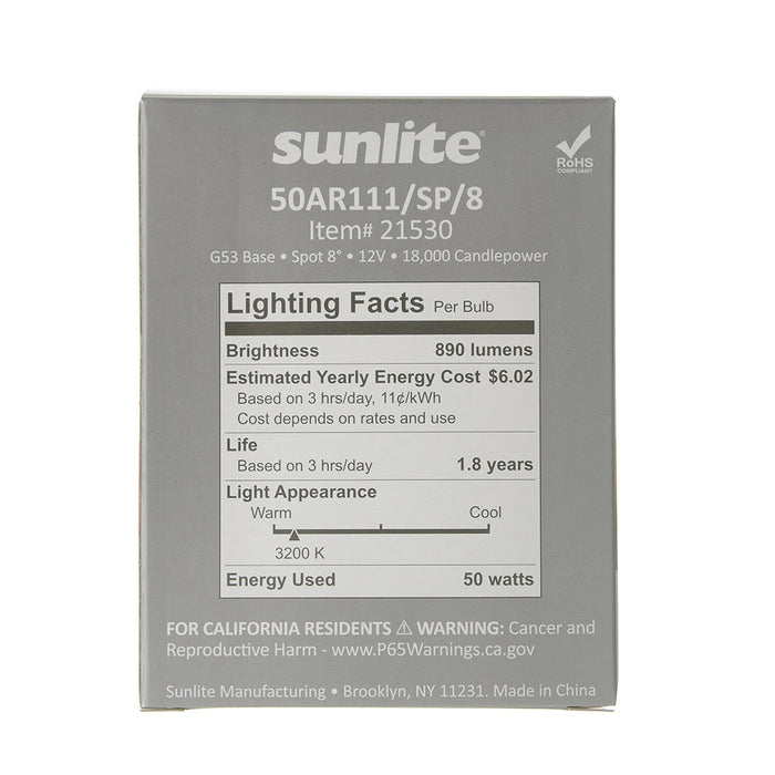 Sunlite 50AR111/SP/12V Halogen 3200K 12V 50W AR AR111 Screw Terminal G53 Dimmable (21530-SU)
