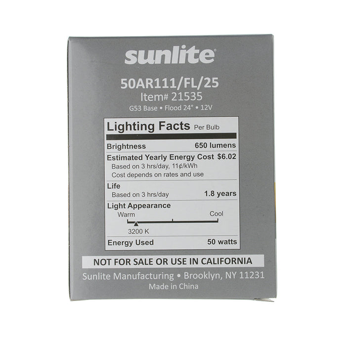 Sunlite 50AR111/FL/12V Halogen 3200K 12V 50W 650Lm AR AR111 Screw Terminal G53 Dimmable (21535-SU)