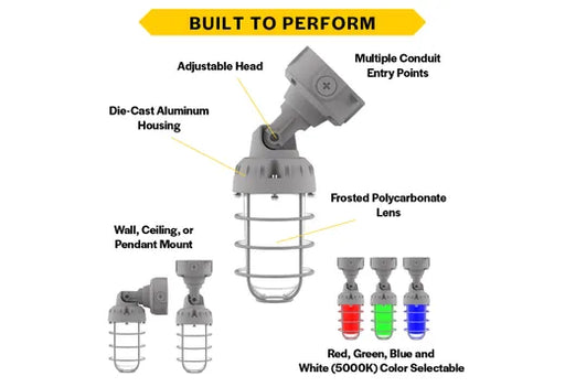 Halco VPTAJR-LS-RGBW-U-GR LED Vaportight Adjustable Arm Jelly Jar Wattage Selectable 13W/15W/20W RGBW 120-277Vac Gray Die-Cast Body Dimmable (22556)