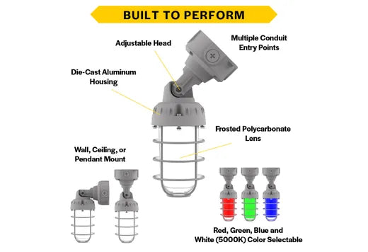 Halco VPTAJR-LS-RGBW-U-GR LED Vaportight Adjustable Arm Jelly Jar Wattage Selectable 13W/15W/20W RGBW 120-277Vac Gray Die-Cast Body Dimmable (22556)