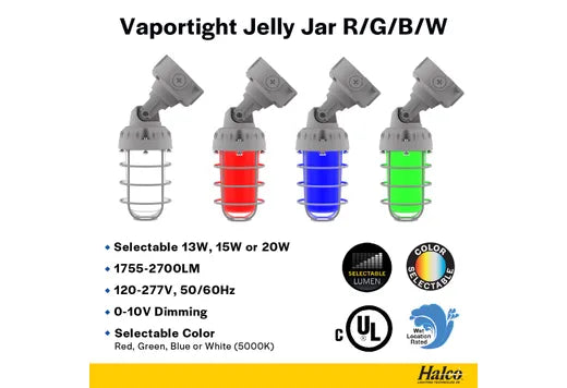 Halco VPTAJR-LS-RGBW-U-GR LED Vaportight Adjustable Arm Jelly Jar Wattage Selectable 13W/15W/20W RGBW 120-277Vac Gray Die-Cast Body Dimmable (22556)
