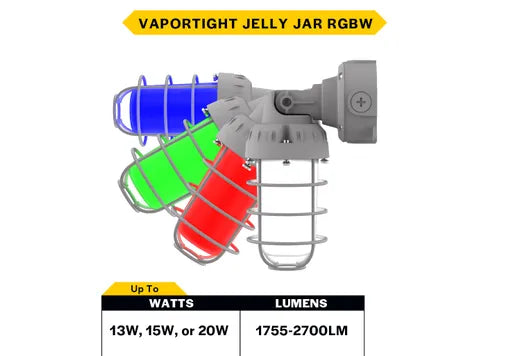 Halco VPTAJR-LS-RGBW-U-GR LED Vaportight Adjustable Arm Jelly Jar Wattage Selectable 13W/15W/20W RGBW 120-277Vac Gray Die-Cast Body Dimmable (22556)