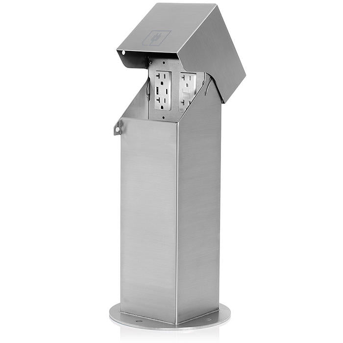 Leviton Power Pedestal Kit 2-Gang 20A GFCI With Type A/C USB Ports Surface Mount Lockable Hinged Top 18 Inch Brushed Stainless Steel (2PH18-2S)