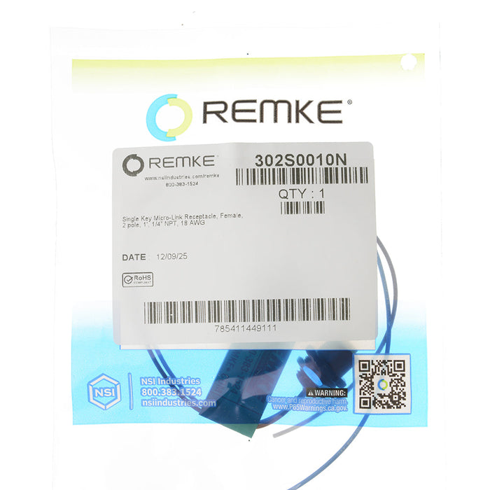 Remke Single Key Micro-Link Receptacle Female 2-Pole 1 Foot 1/4 Inch NPT 18 AWG (302S0010N)
